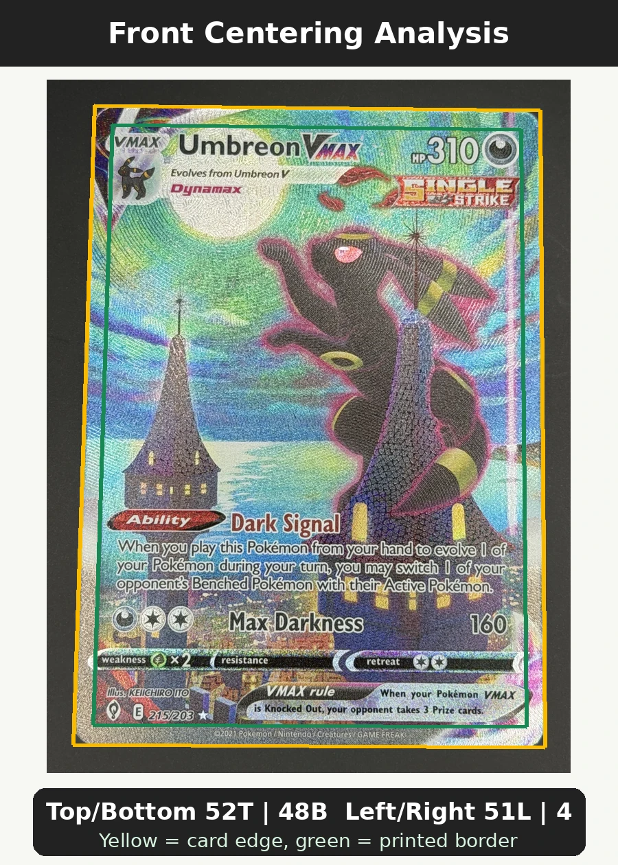 Umbreon VMAX 215/203 Evolving Skies front centering analysis showing Top/Bottom 52T | 48B and Left/Right 51L | 49R.