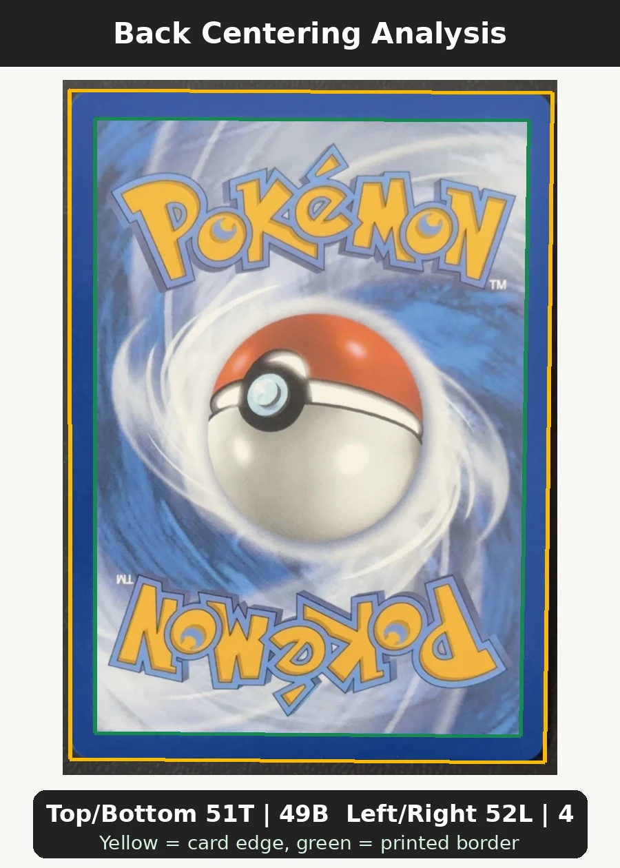 Charizard 004 30th Classic Collection back centering analysis showing Top/Bottom 51T | 49B and Left/Right 52L | 48R.