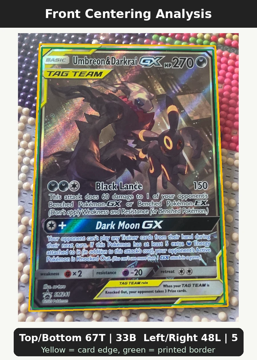 Lunala GX 066/149 Sun & Moon front centering analysis showing Top/Bottom 67T | 33B and Left/Right 48L | 52R.