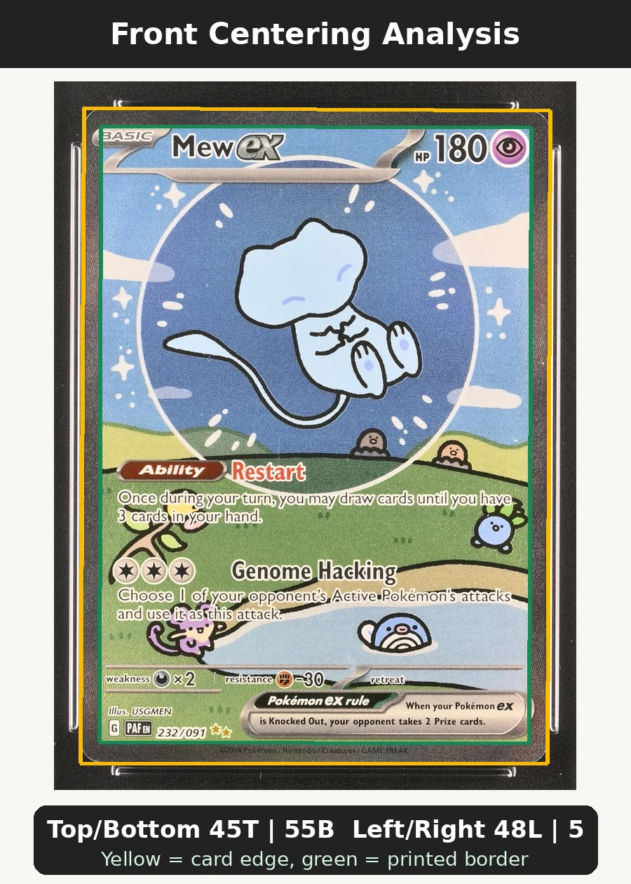Mew ex 232/91 Paldean Fates front centering analysis showing Top/Bottom 45T | 55B and Left/Right 48L | 52R.