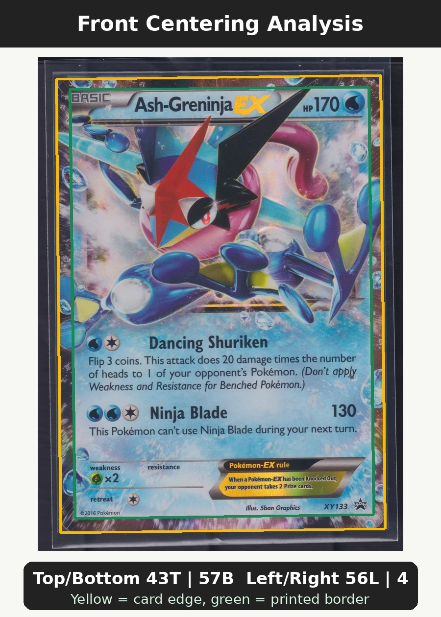 Ash Greninja EX XY133/211 XY Black Star Promos front centering analysis showing Top/Bottom 43T | 57B and Left/Right 56L | 44R.