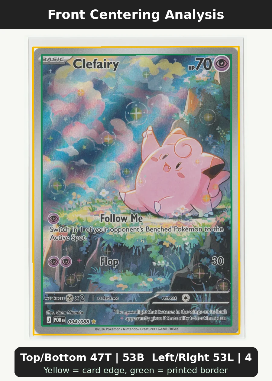Clefairy 094/88 Perfect Order front centering analysis showing Top/Bottom 47T | 53B and Left/Right 53L | 47R.