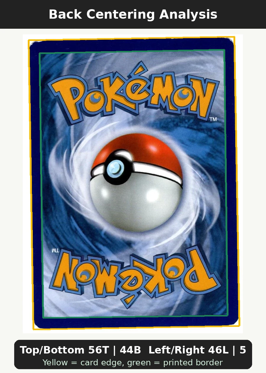 Kyogre XY51/211 XY Black Star Promos back centering analysis showing Top/Bottom 56T | 44B and Left/Right 46L | 54R.