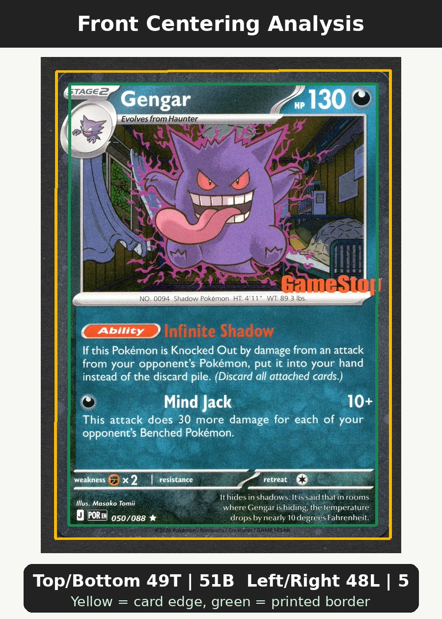 Gengar 050/88 Perfect Order front centering analysis showing Top/Bottom 49T | 51B and Left/Right 48L | 52R.