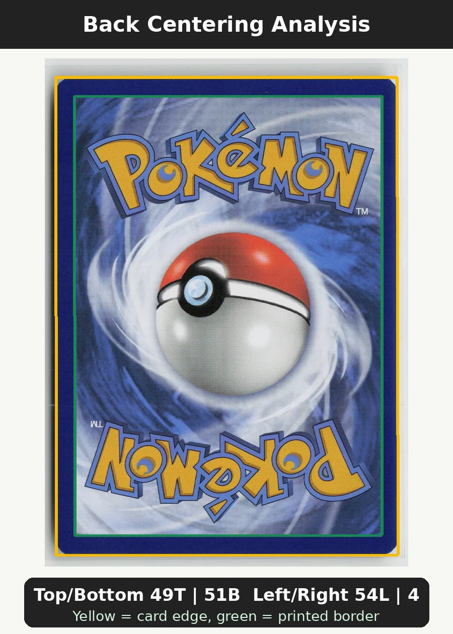 Psyduck 028/189 · Reverse Holo Astral Radiance back centering analysis showing Top/Bottom 49T | 51B and Left/Right 54L | 46R.