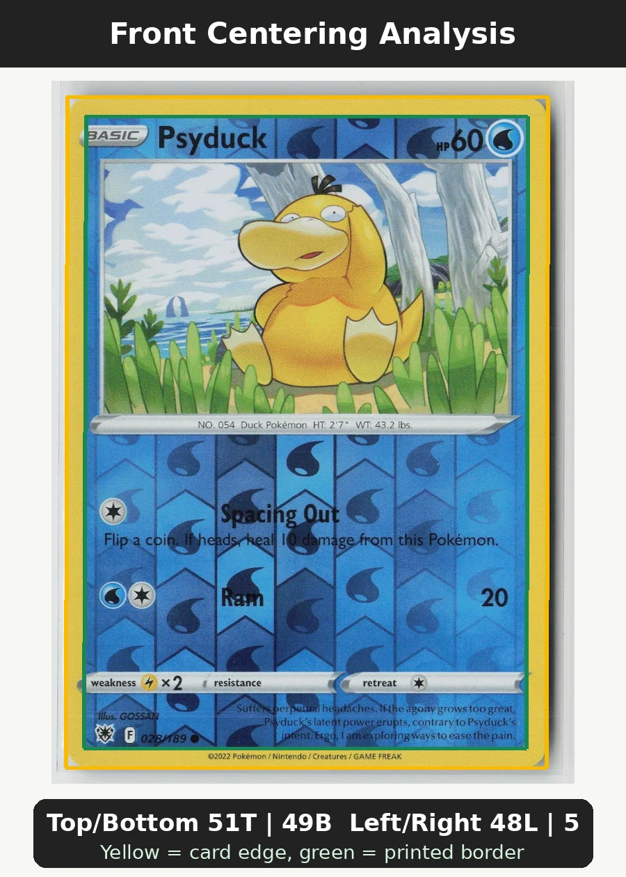 Psyduck 028/189 · Reverse Holo Astral Radiance front centering analysis showing Top/Bottom 51T | 49B and Left/Right 48L | 52R.