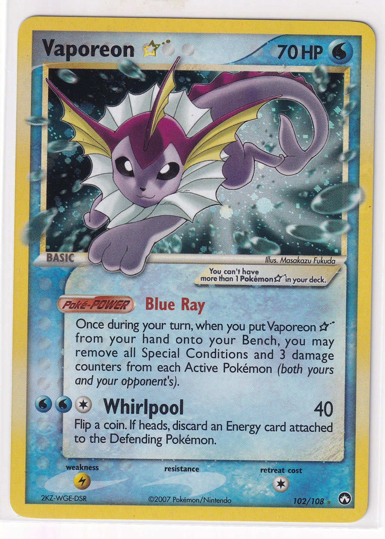 Vaporeon Star 102/108 Power Keepers front card photo in GradeValue pregrading report