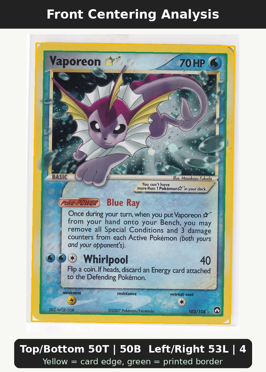 Vaporeon Star 102/108 Power Keepers front centering analysis showing Top/Bottom 50T | 50B and Left/Right 53L | 47R.