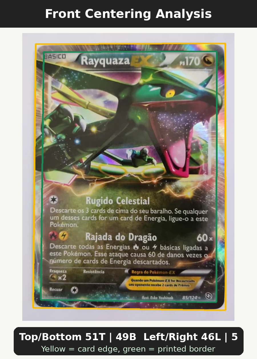 Rayquaza-EX 085/124 Dragons Exalted front centering analysis showing Top/Bottom 51T | 49B and Left/Right 46L | 54R.