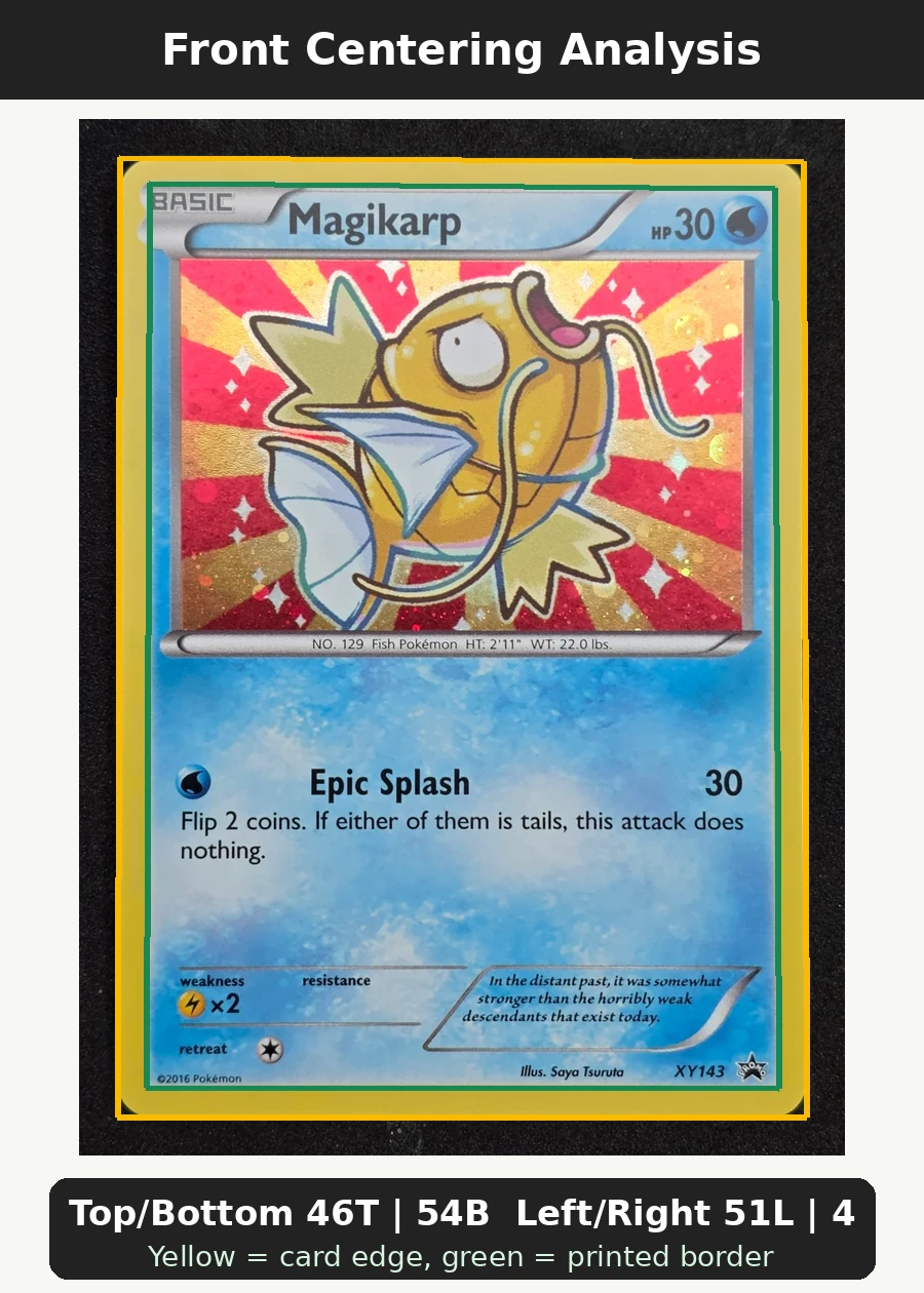 Magikarp XY143/211 XY Black Star Promos front centering analysis showing Top/Bottom 46T | 54B and Left/Right 51L | 49R.