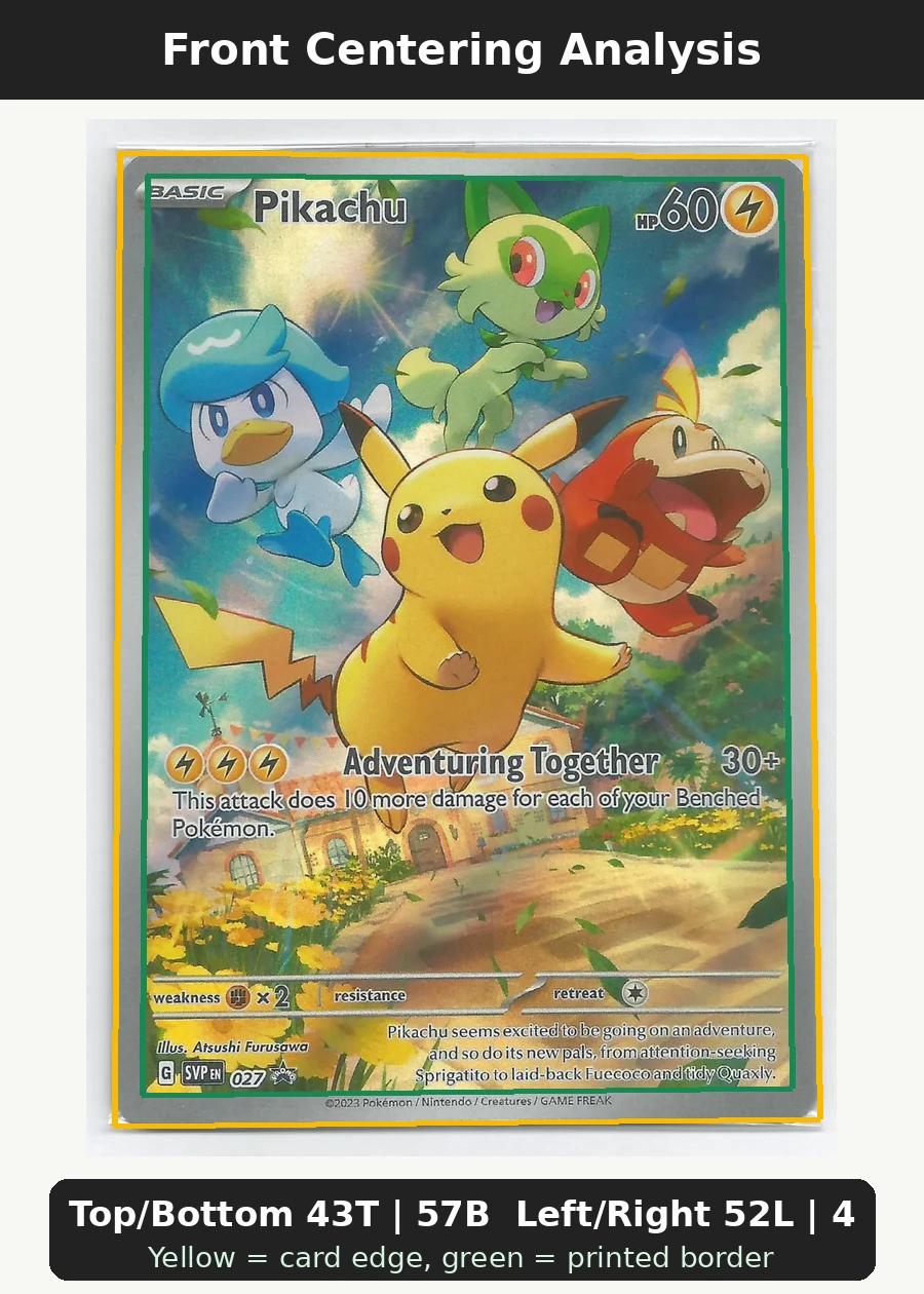 Pikachu 027/225 SVP Black Star Promos front centering analysis showing Top/Bottom 43T | 57B and Left/Right 52L | 48R.