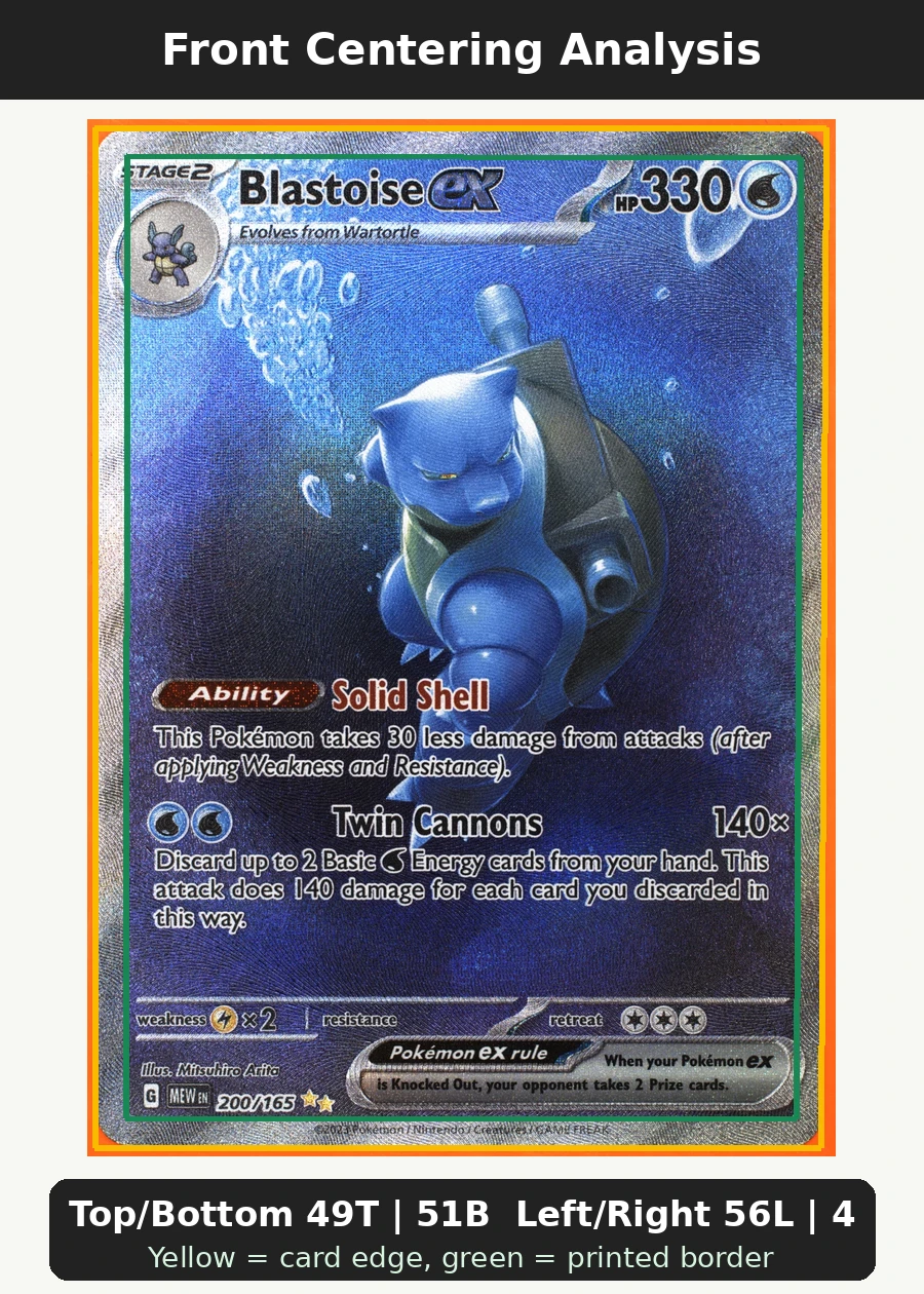 Blastoise ex 200/165 151 front centering analysis showing Top/Bottom 49T | 51B and Left/Right 56L | 44R.