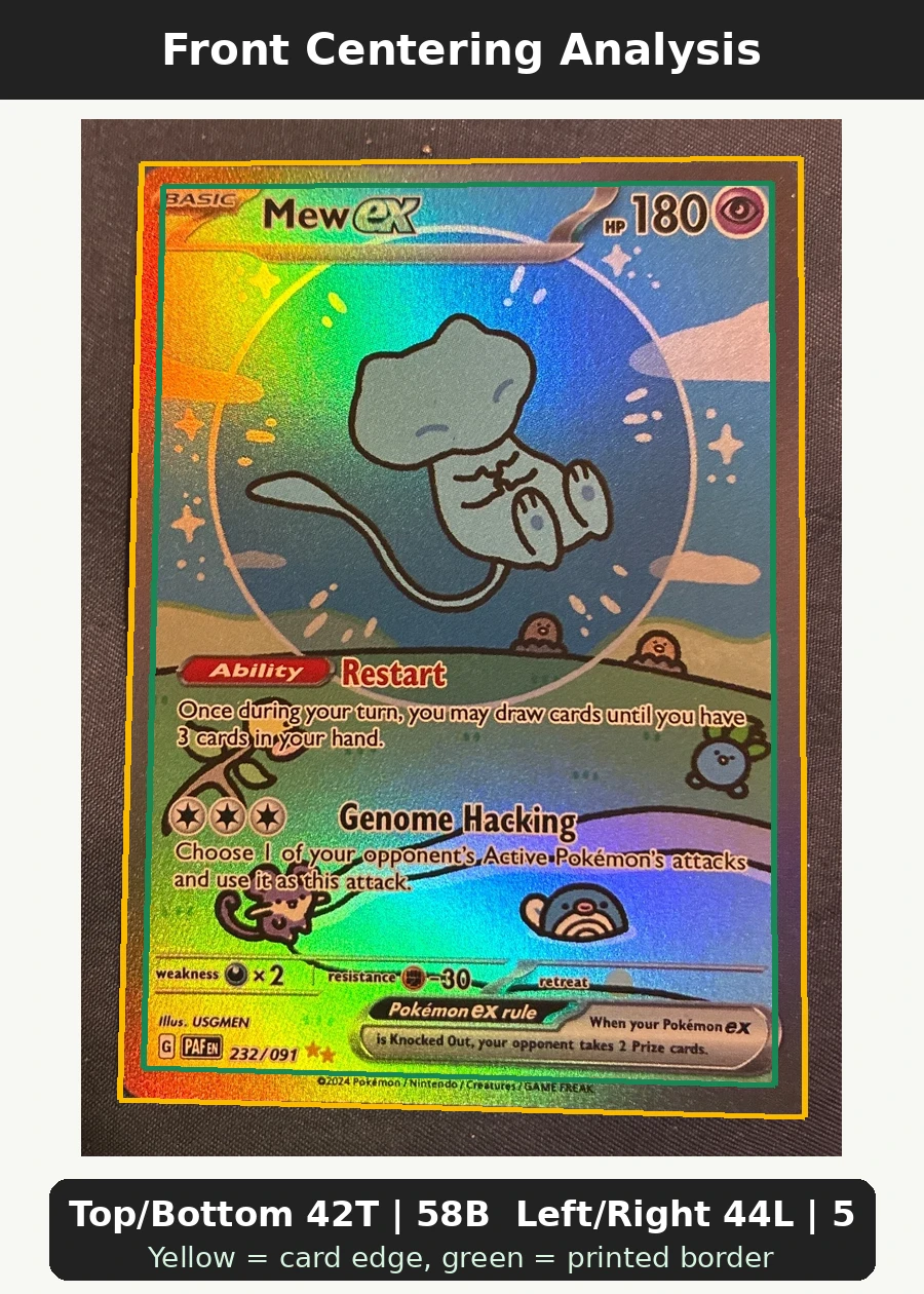 Mew ex 232/91 Paldean Fates front centering analysis showing Top/Bottom 42T | 58B and Left/Right 44L | 56R.