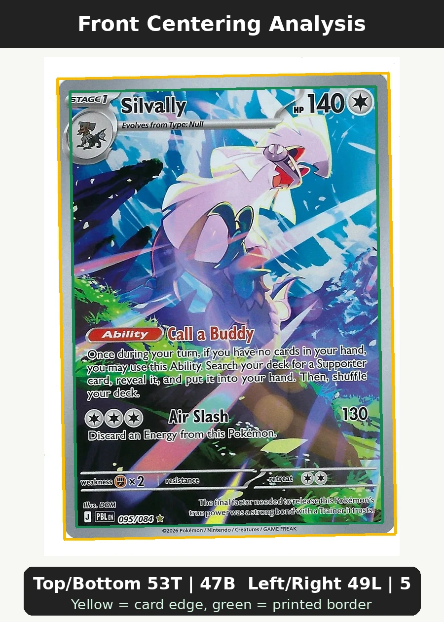 Silvally 095/84 Pitch Black front centering analysis showing Top/Bottom 53T | 47B and Left/Right 49L | 51R.