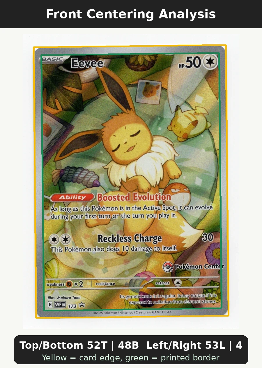 Eevee 173/225 SVP Black Star Promos front centering analysis showing Top/Bottom 52T | 48B and Left/Right 53L | 47R.
