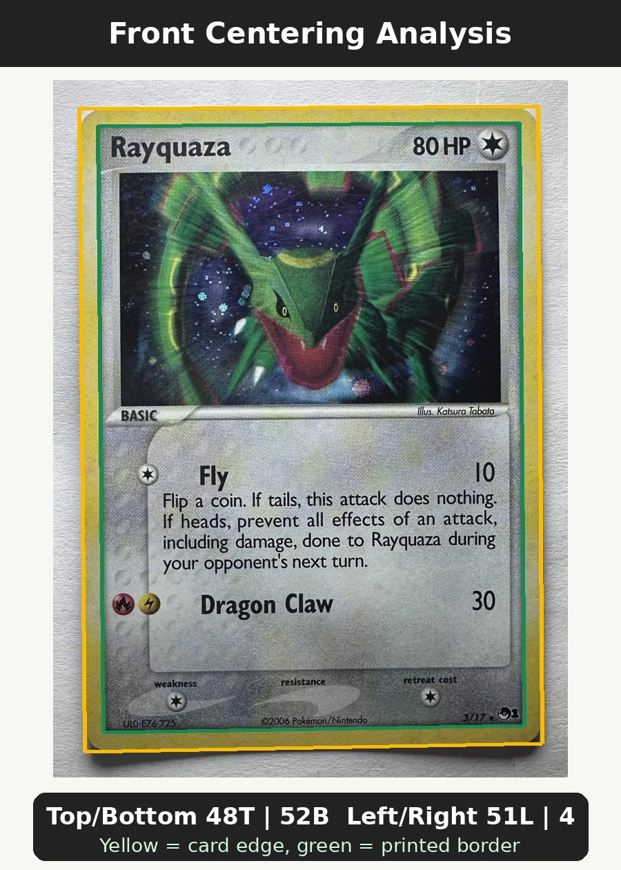 Rayquaza 003/17 POP Series 1 front centering analysis showing Top/Bottom 48T | 52B and Left/Right 51L | 49R.