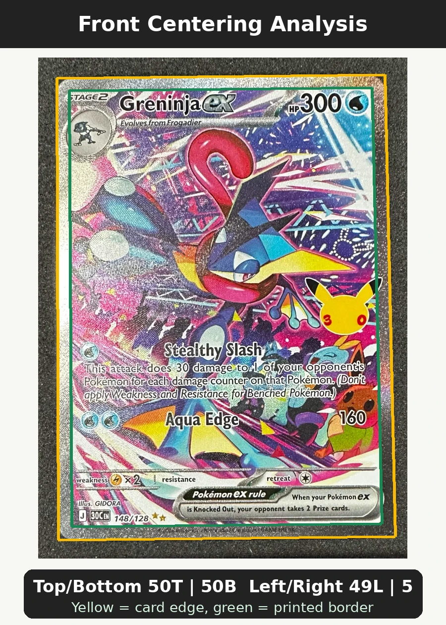 Greninja ex 148/128 30th Celebration front centering analysis showing Top/Bottom 50T | 50B and Left/Right 49L | 51R.