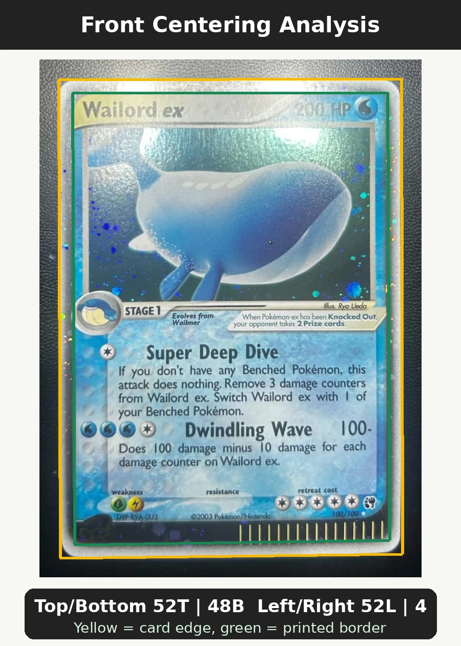 Wailord ex 100/100 Sandstorm front centering analysis showing Top/Bottom 52T | 48B and Left/Right 52L | 48R.