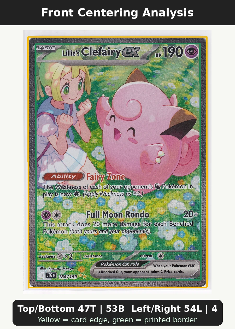 Lillie's Clefairy ex 184/159 Journey Together front centering analysis showing Top/Bottom 47T | 53B and Left/Right 54L | 46R.