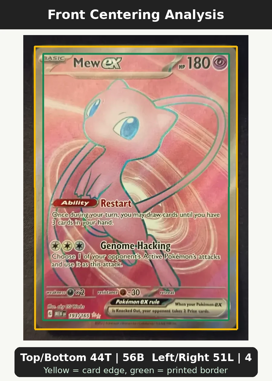 Mew ex 193/165 151 front centering analysis showing Top/Bottom 44T | 56B and Left/Right 51L | 49R.