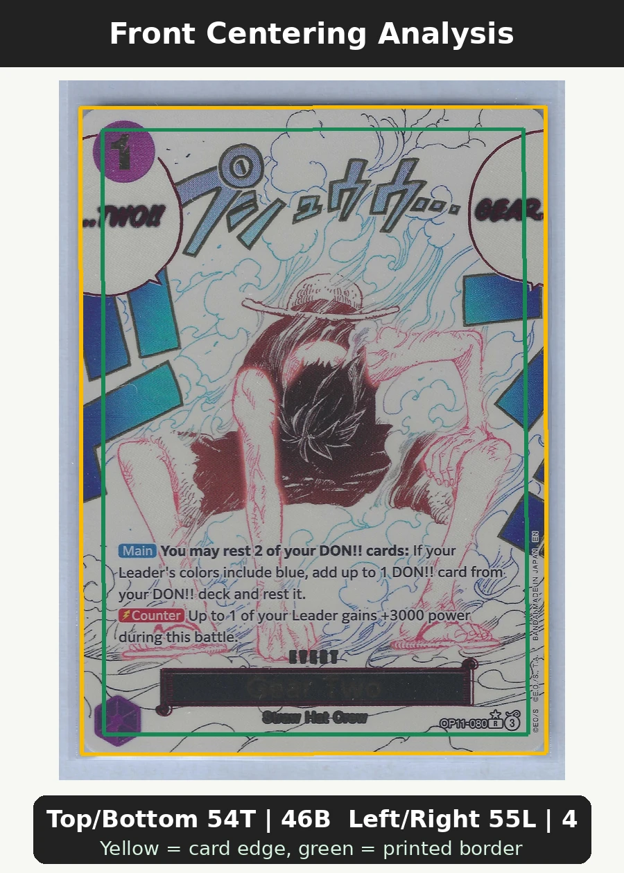 Gear Two (OP11-080) - SP OP11-080 A Fist of Divine Speed front centering analysis showing Top/Bottom 54T | 46B and Left/Right 55L | 45R.