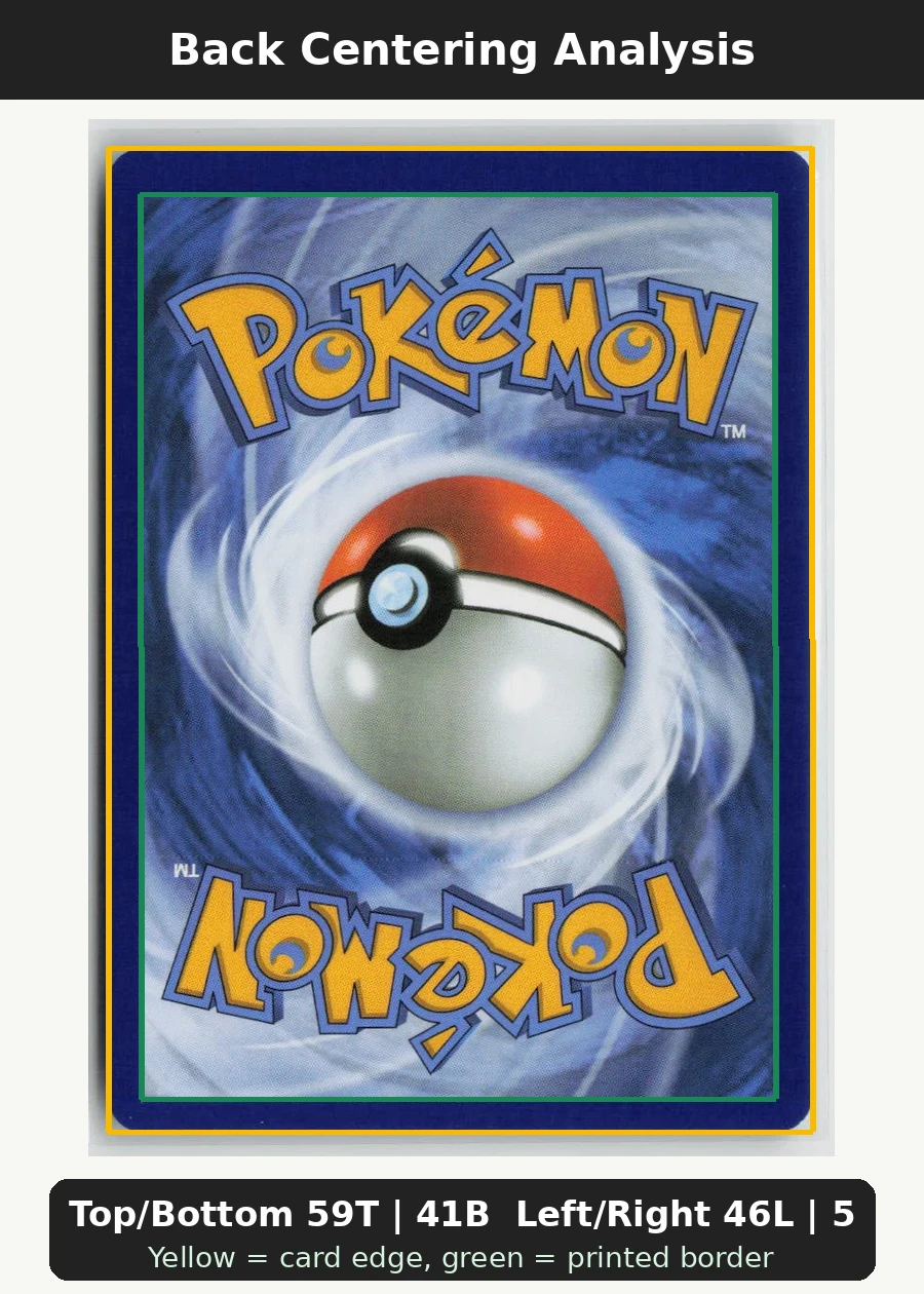 Psyduck 039/217 · Pokeball Holo Ascended Heroes back centering analysis showing Top/Bottom 59T | 41B and Left/Right 46L | 54R.