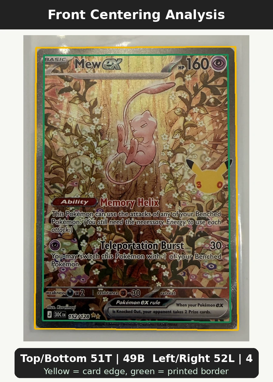 Mew ex 152/128 30th Celebration front centering analysis showing Top/Bottom 51T | 49B and Left/Right 52L | 48R.