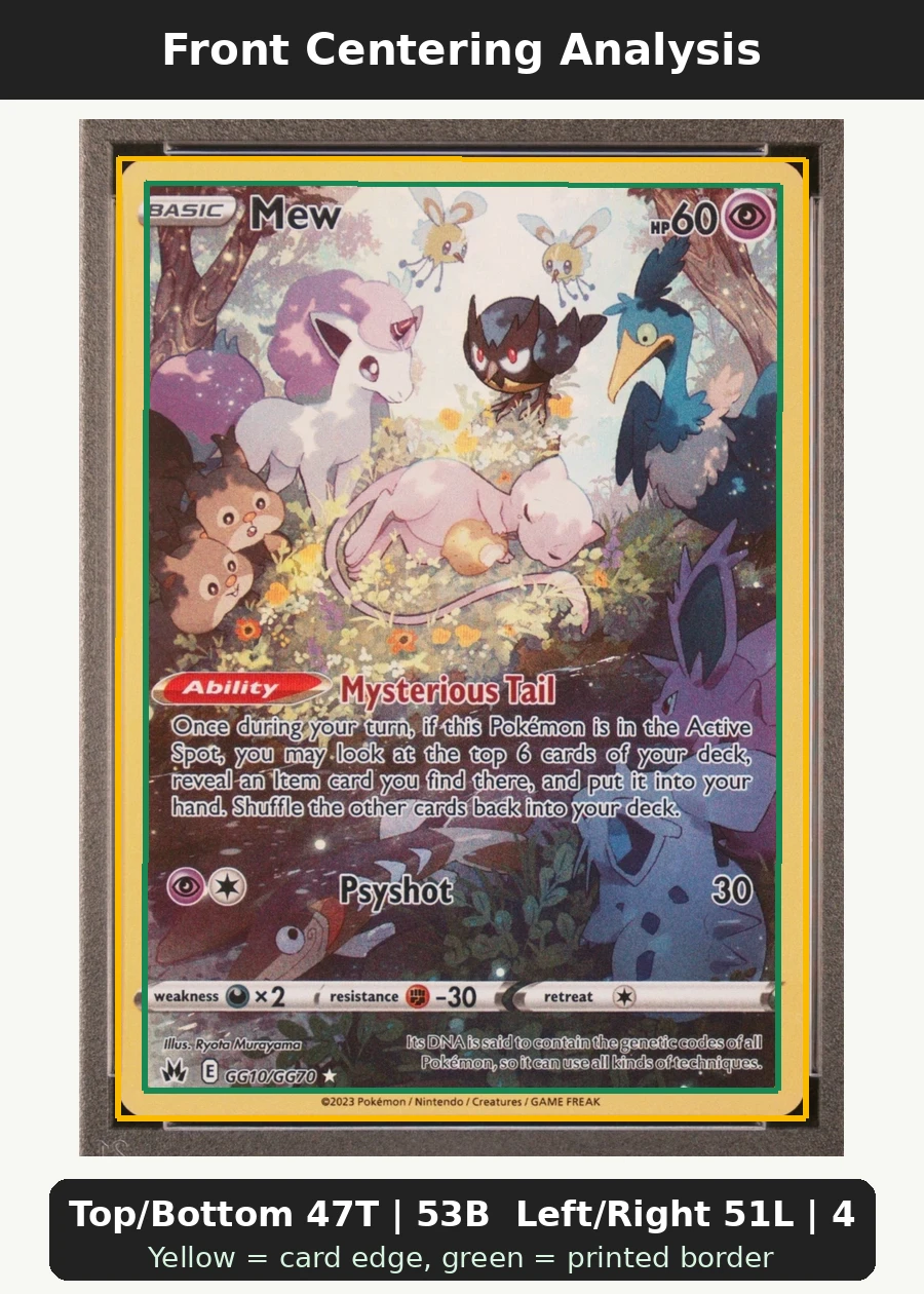 Mew GG10/159 Crown Zenith front centering analysis showing Top/Bottom 47T | 53B and Left/Right 51L | 49R.