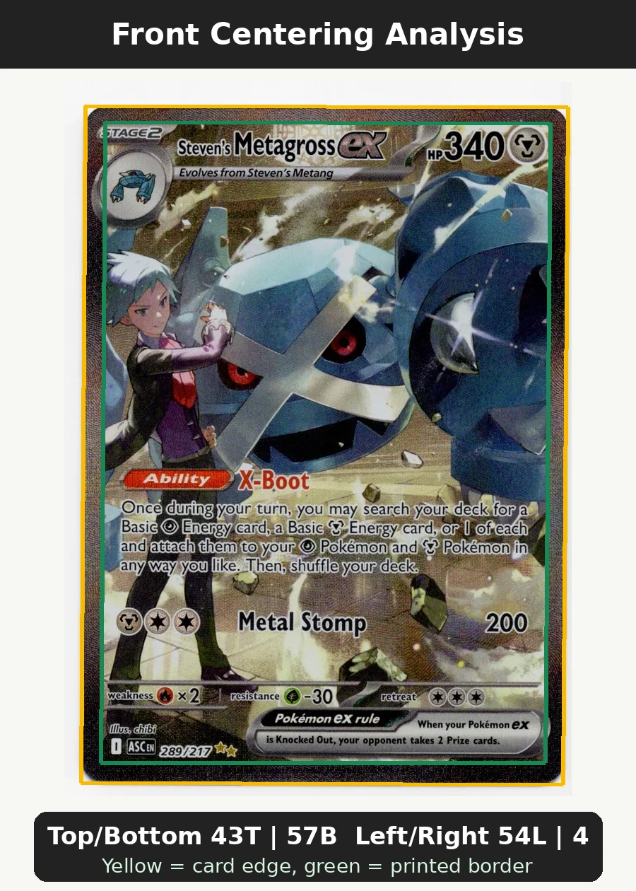 Steven's Metagross ex 289/217 Ascended Heroes front centering analysis showing Top/Bottom 43T | 57B and Left/Right 54L | 46R.