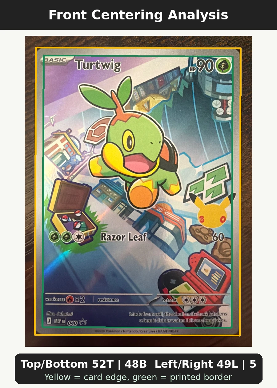 Turtwig 040 MEP Black Star Promos front centering analysis showing Top/Bottom 52T | 48B and Left/Right 49L | 51R.