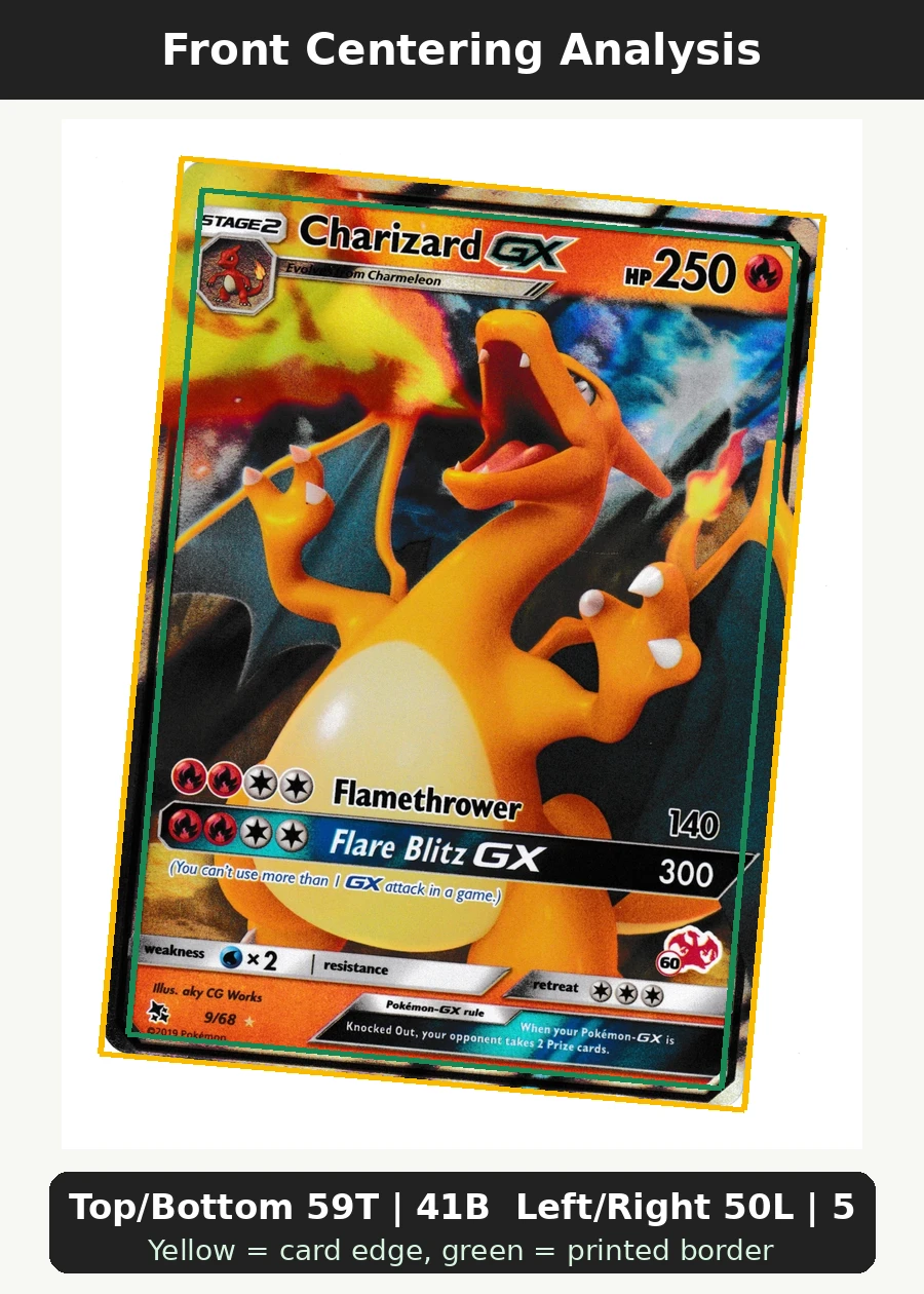Charizard GX 009/68 Hidden Fates front centering analysis showing Top/Bottom 59T | 41B and Left/Right 50L | 50R.