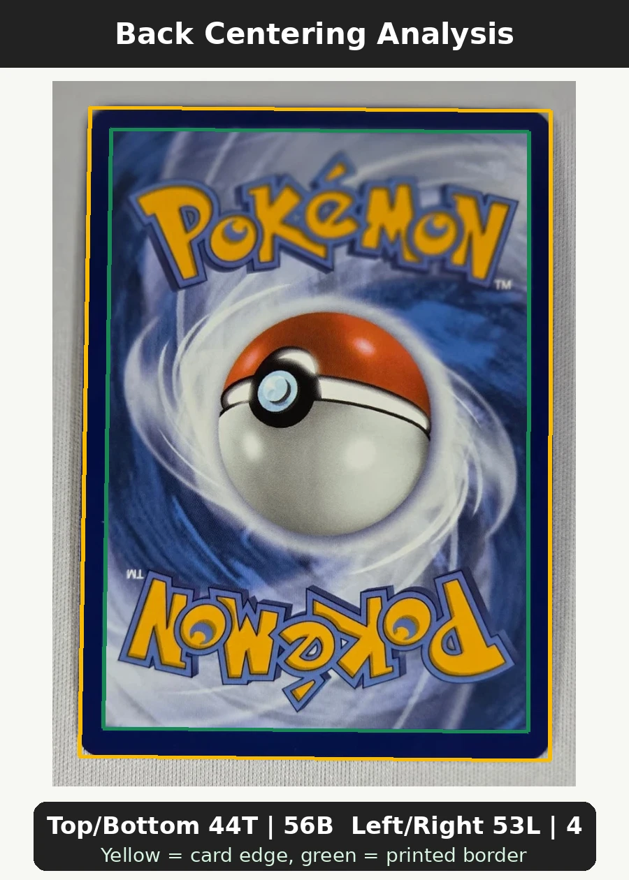 Charizard 004 30th Classic Collection back centering analysis showing Top/Bottom 44T | 56B and Left/Right 53L | 47R.