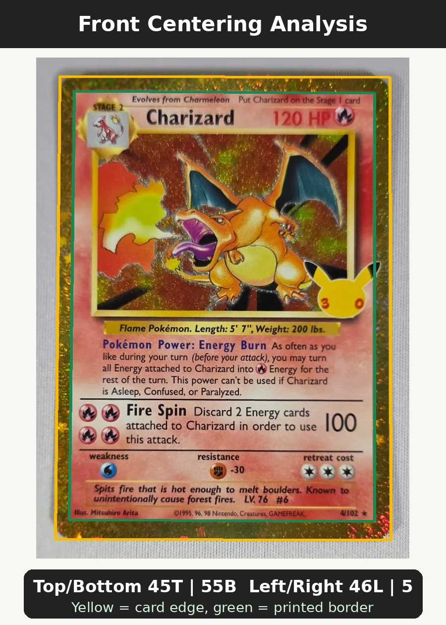 Charizard 004 30th Classic Collection front centering analysis showing Top/Bottom 45T | 55B and Left/Right 46L | 54R.