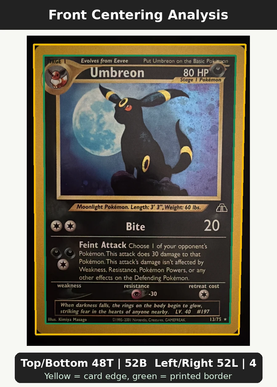 Umbreon 013/75 Neo Discovery front centering analysis showing Top/Bottom 48T | 52B and Left/Right 52L | 48R.