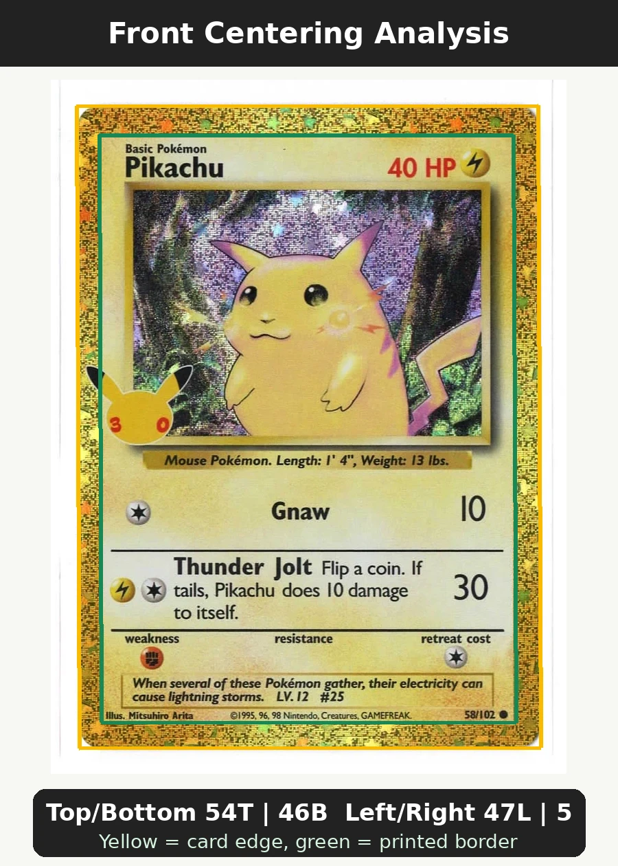 Pikachu 058 30th Classic Collection front centering analysis showing Top/Bottom 54T | 46B and Left/Right 47L | 53R.