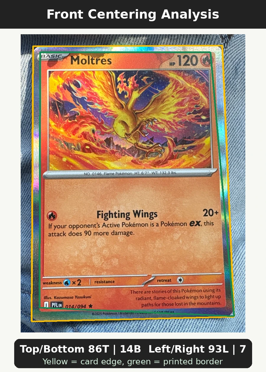 Moltres 014/94 Phantasmal Flames front centering analysis showing Top/Bottom 86T | 14B and Left/Right 93L | 7R.