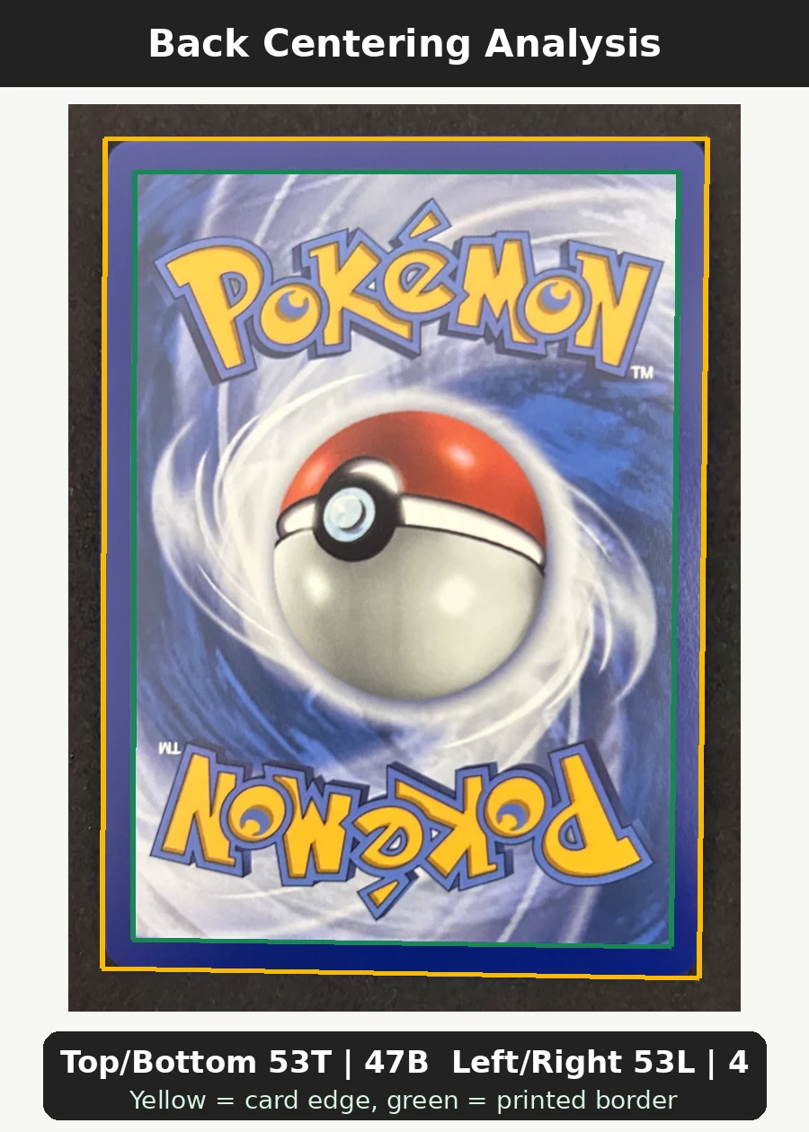 Squirtle 039 MEP Black Star Promos back centering analysis showing Top/Bottom 53T | 47B and Left/Right 53L | 47R.