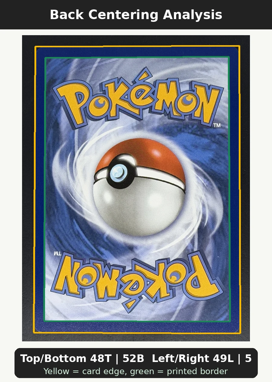 Pikachu & Zekrom GX 033 30th Classic Collection back centering analysis showing Top/Bottom 48T | 52B and Left/Right 49L | 51R.