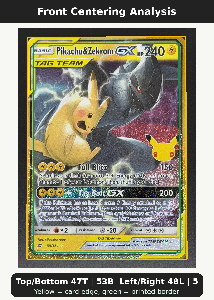 Pikachu & Zekrom GX 033 30th Classic Collection front centering analysis showing Top/Bottom 47T | 53B and Left/Right 48L | 52R.