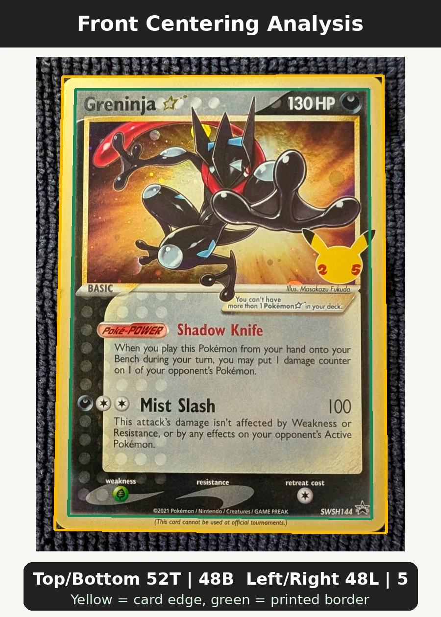 Greninja {star} SWSH144/307 SWSH Black Star Promos front centering analysis showing Top/Bottom 52T | 48B and Left/Right 48L | 52R.
