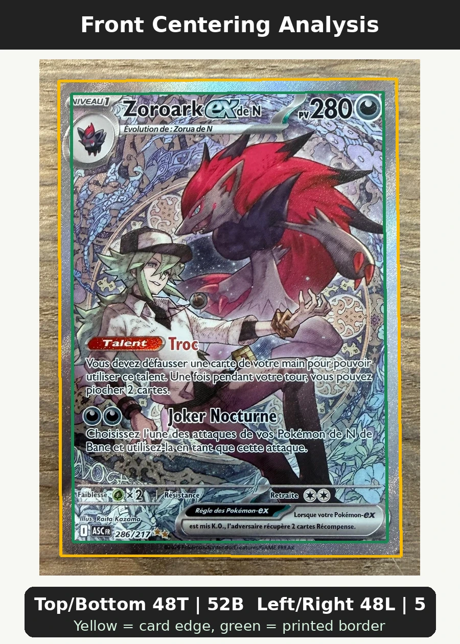 N's Zoroark ex 286/217 Ascended Heroes front centering analysis showing Top/Bottom 48T | 52B and Left/Right 48L | 52R.