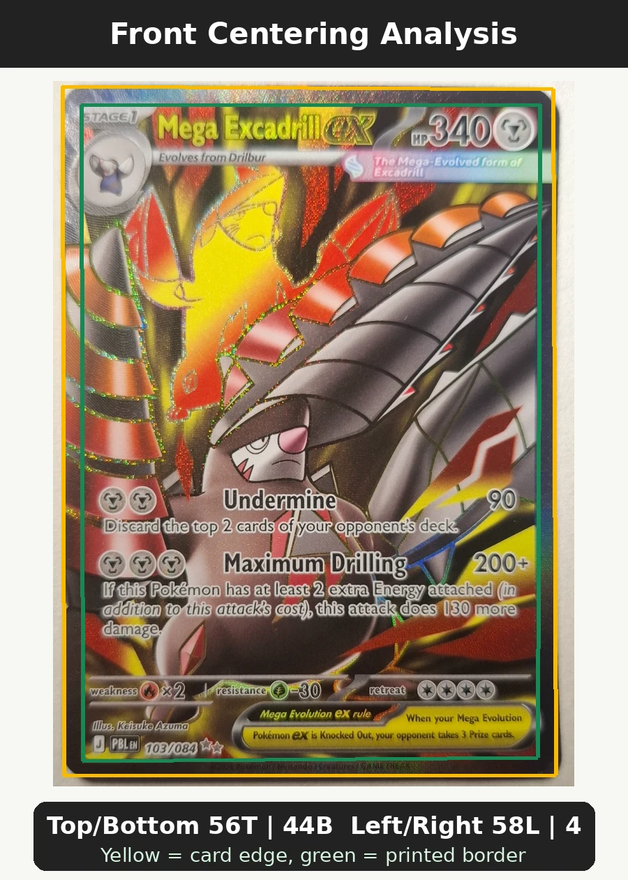 Mega Excadrill ex 103/84 Pitch Black front centering analysis showing Top/Bottom 56T | 44B and Left/Right 58L | 42R.