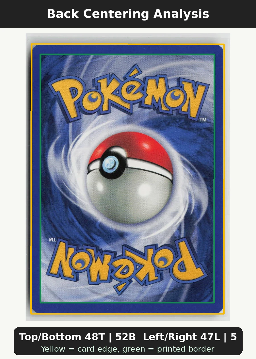 Psyduck 065/82 · Normal Team Rocket back centering analysis showing Top/Bottom 48T | 52B and Left/Right 47L | 53R.