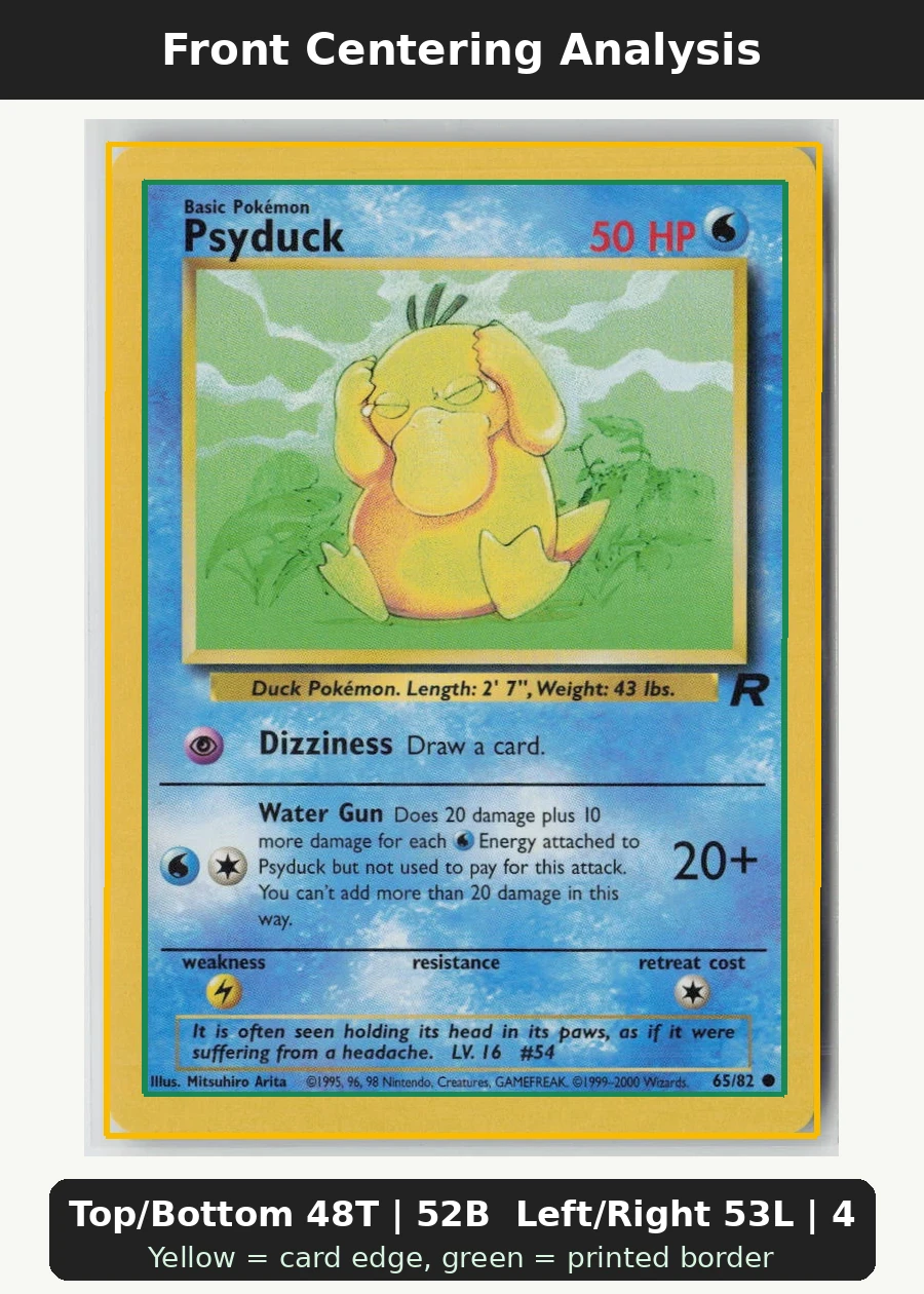 Psyduck 065/82 · Normal Team Rocket front centering analysis showing Top/Bottom 48T | 52B and Left/Right 53L | 47R.