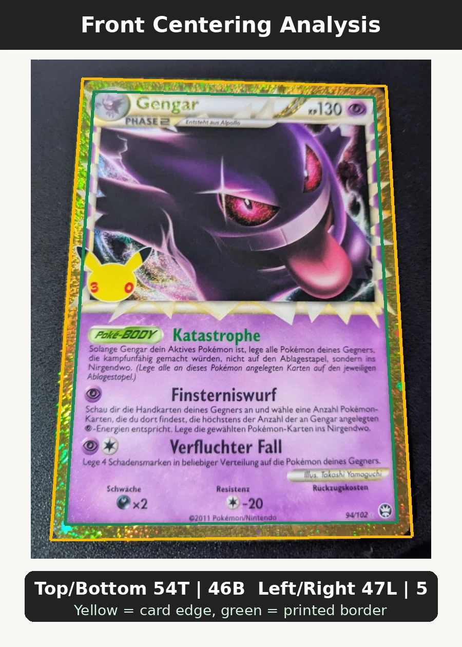 Gengar 094 30th Classic Collection front centering analysis showing Top/Bottom 54T | 46B and Left/Right 47L | 53R.