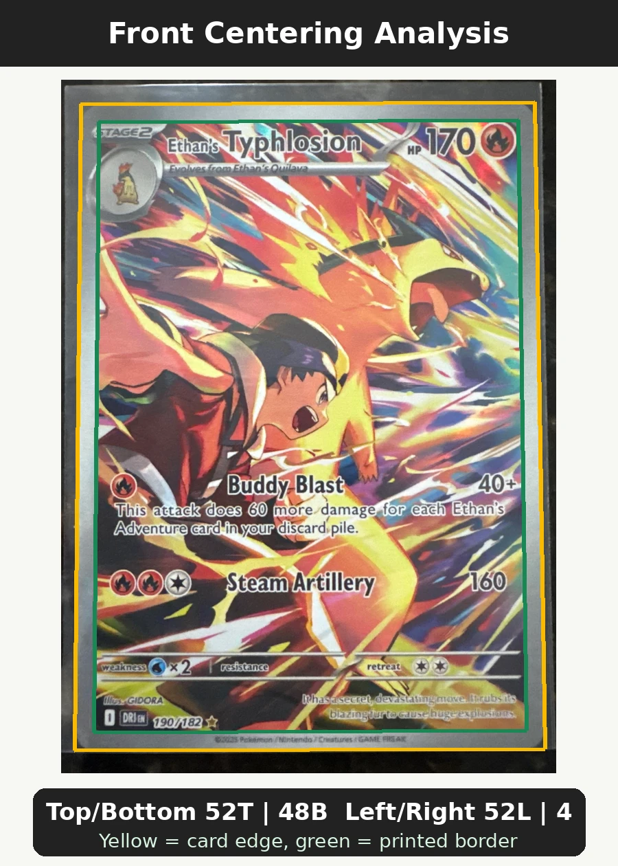 Ethan's Typhlosion 190/182 Destined Rivals front centering analysis showing Top/Bottom 52T | 48B and Left/Right 52L | 48R.