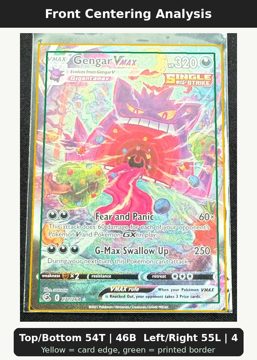 Gengar VMAX 271/264 Fusion Strike front centering analysis showing Top/Bottom 54T | 46B and Left/Right 55L | 45R.