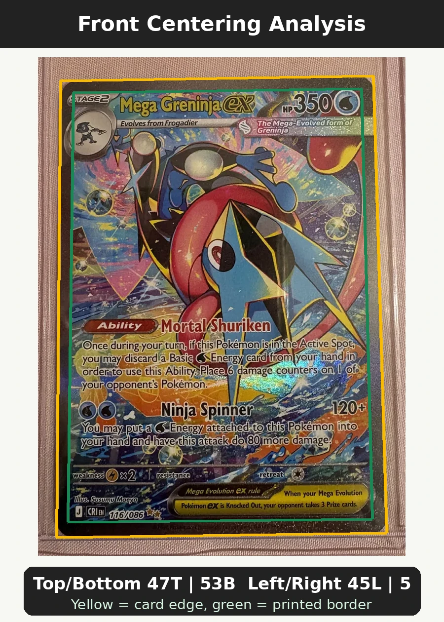 Mega Greninja ex 116/86 Chaos Rising front centering analysis showing Top/Bottom 47T | 53B and Left/Right 45L | 55R.