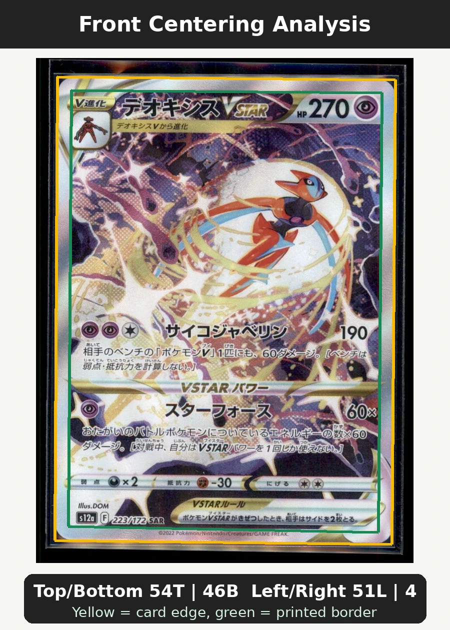 Deoxys VSTAR GG46/159 Crown Zenith front centering analysis showing Top/Bottom 54T | 46B and Left/Right 51L | 49R.