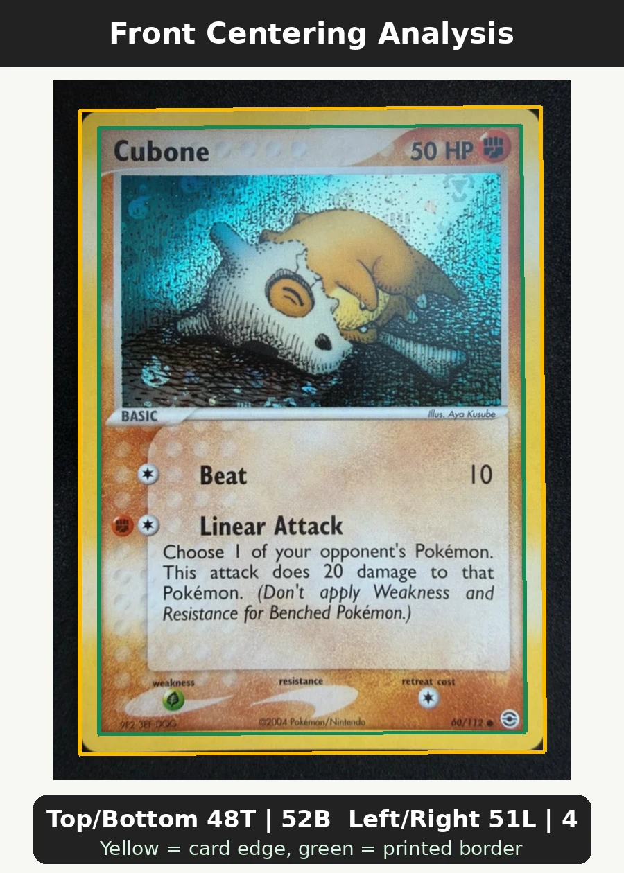 Cubone 060/112 FireRed & LeafGreen front centering analysis showing Top/Bottom 48T | 52B and Left/Right 51L | 49R.